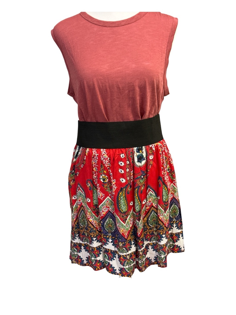 Angie Red Paisley Mini Skirt with Black Elastic Waistband NWOT